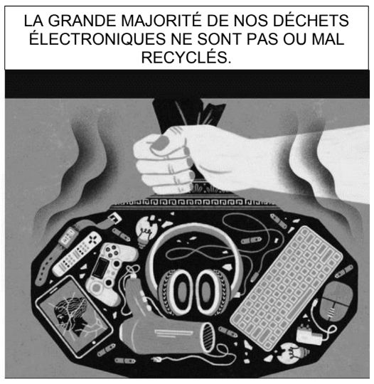 Illustration zu Elektroschrott und Recycling: Eine Hand hält eine Pflanze über einem Haufen ausrangierter Elektronikgeräte.
